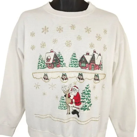 Christmas Sweatshirt Mens Size Large Vintage 90s Santa Claus Reindeer Houses - Picture 1 of 8